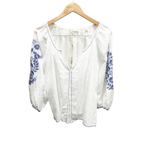 Max Studio White Floral Embroidered Balloon  Sleeve Blouse Size XL NWT $138 Boho - Picture 1 of 9